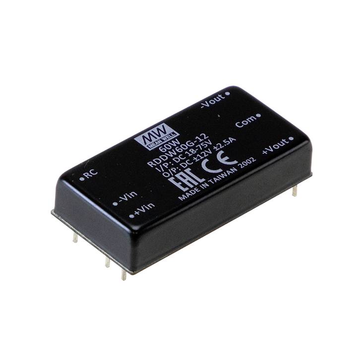 Ein schwarzer elektronischer Baustein mit Aufschrift '50W DC-DC Converter'. Auf der Oberseite sind mehrere Anschlüsse und technische Details.