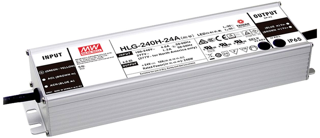 Ein rechteckiges LED-Netzteil von Mean Well (Typ: HLG-240H-24A) mit mehreren technischen Informationen und Sicherheitszertifizierungen auf dem Gehäuse.