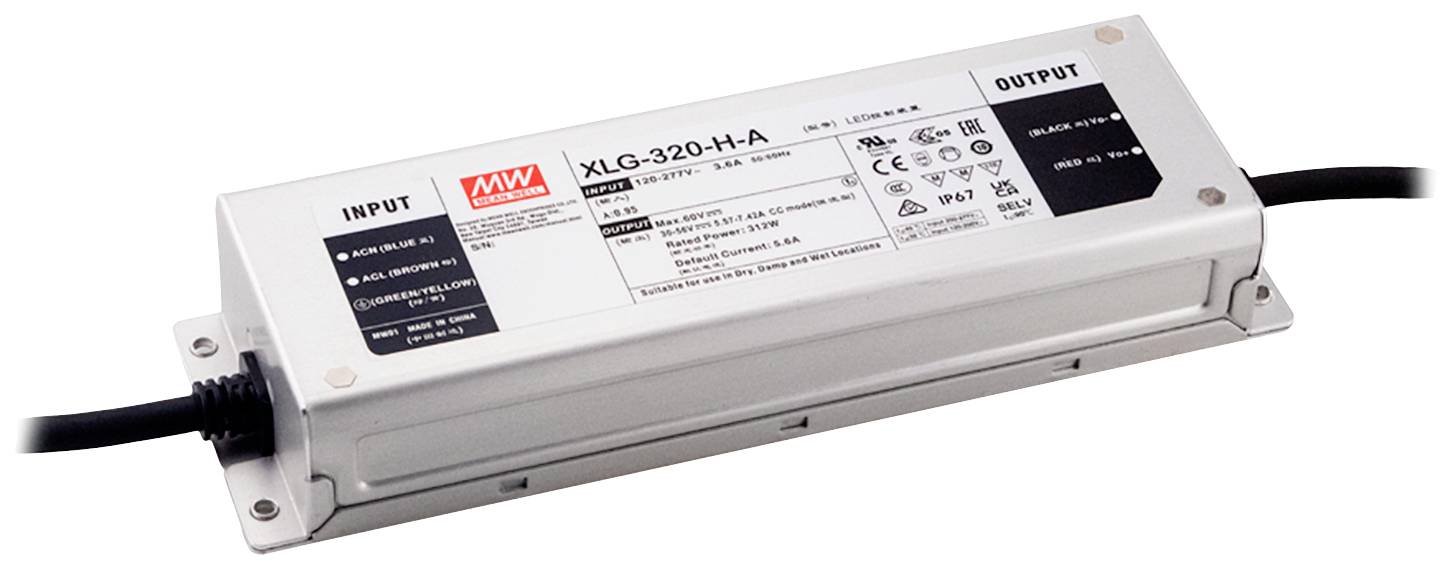 LED-Treiber von MEAN WELL, Modell 'XLG-320-H-A', mit Eingangs- und Ausgangsanschlüssen. Geeignet für Beleuchtungssysteme.