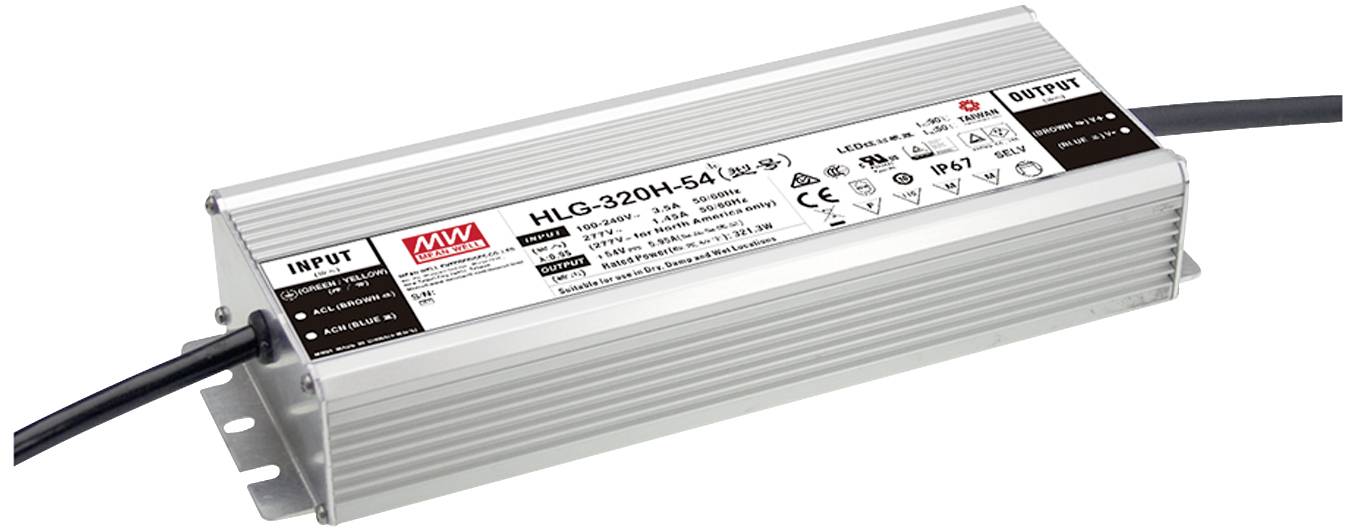 Netzteil-Modul mit der Aufschrift 'HLG-320H-54A', zeigt technische Spezifikationen und Anschlusskabel, verwendet zur Stromversorgung.