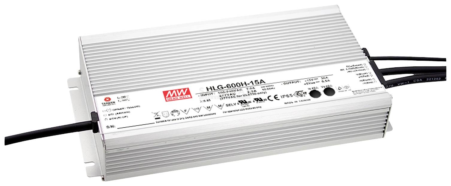 Rechteckiges LED-Netzteil mit Kabeln, beschriftet 'HLG-600H-15A', bietet verschiedene Spezifikationen und Symbole zur Anwendung.