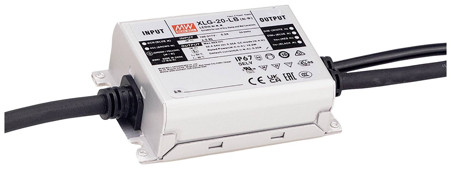 Elektrisches Gerät mit Anschlüssen auf beiden Seiten, beschriftet mit 'INPUT' und 'OUTPUT'. Gehäuse zeigt technische Spezifikationen und Zertifikationen.