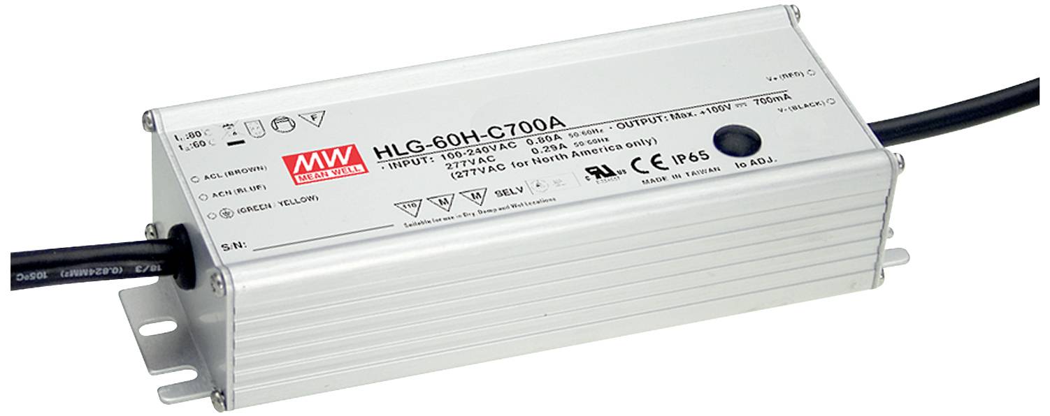 Rechteckiges Netzteil mit Beschriftung 'HLG-60H-C700A'. Eingänge: 100-240V. Ausgänge: 16-86V, 700mA. Eignet sich für LED-Beleuchtung.