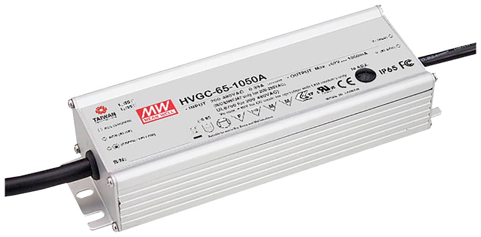 Ein rechteckiges elektronisches Gerät mit der Aufschrift 'HVGC-65-1050A' auf der Oberseite. Es hat Anschlüsse auf beiden Seiten.