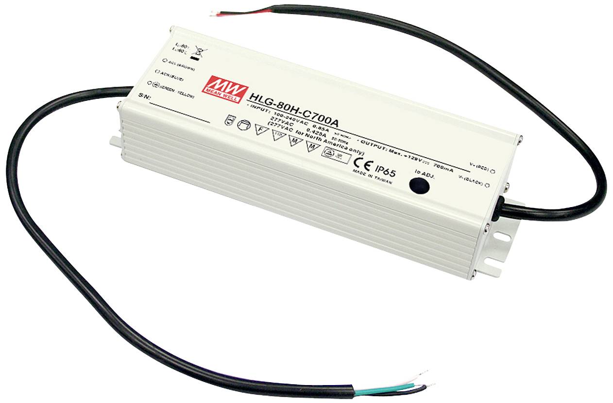Ein rechteckiges LED-Netzteil der Marke Mean Well mit Modellnummer HLG-80H-C700A und mehreren Zertifizierungszeichen auf der Oberfläche.