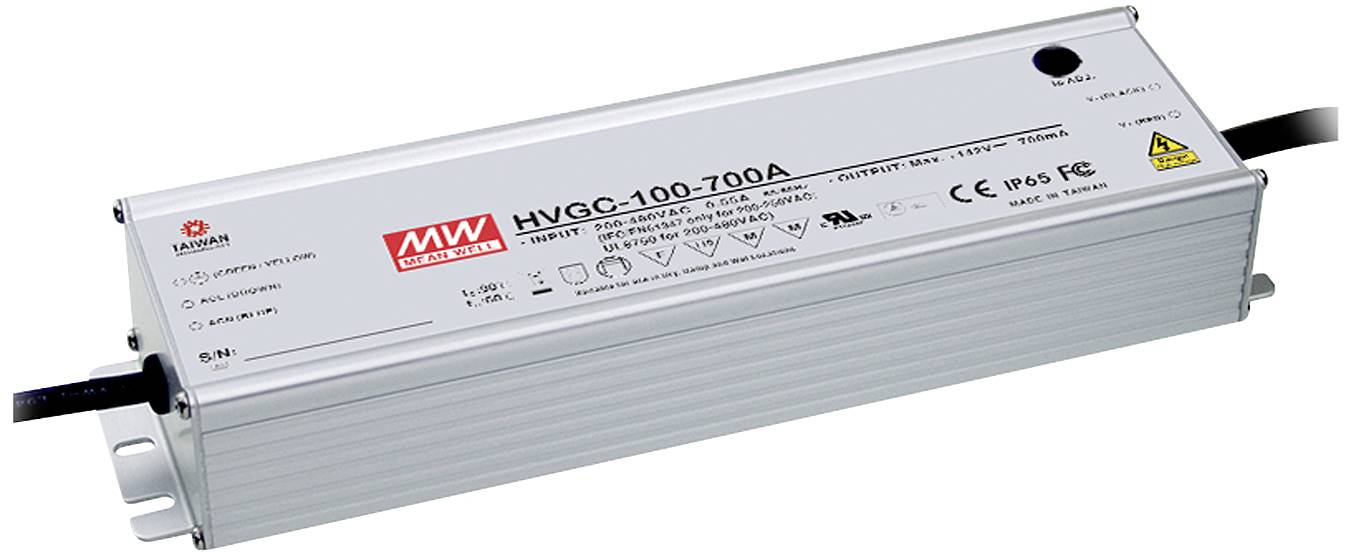 Ein rechteckiges, silbernes elektrisches Gerät mit der Aufschrift 'HVGC-100-700A' und technischen Spezifikationen auf der Oberfläche.
