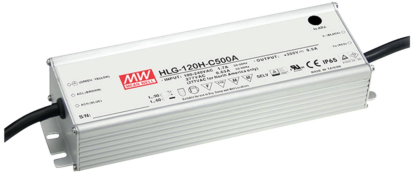 Metallisches Gehäuse eines LED-Treibers mit der Aufschrift 'HLG-120H-C500A'. Es zeigt Eingangs- und Ausgangsspezifikationen.