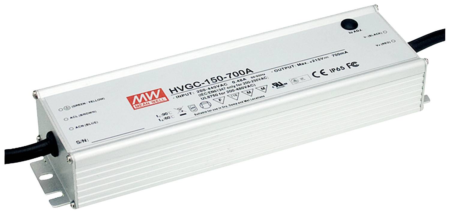 Rechteckiges elektronisches Gerät mit der Aufschrift 'HVGC-150-700A'. Es hat Anschlusskabel auf beiden Seiten. Markenlogo oben links.