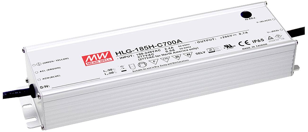 Ein rechteckiges elektrisches Gerät mit Beschriftungen und Anschlüssen. Textaufdruck enthält 'HLG-185H-C700A', Spezifikationen und Markenlogo.