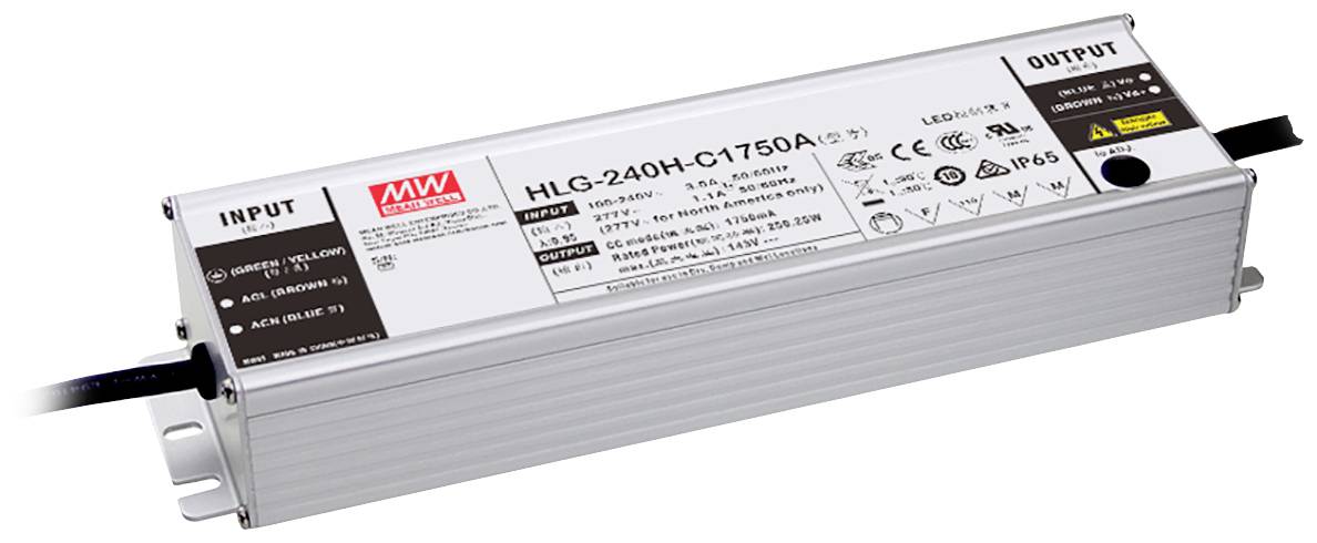 LED-Treiber HLG-240H-C1750A, rechteckiges Gehäuse mit Anschlüssen, Label mit technischen Spezifikationen, IP65-Schutzklasse.