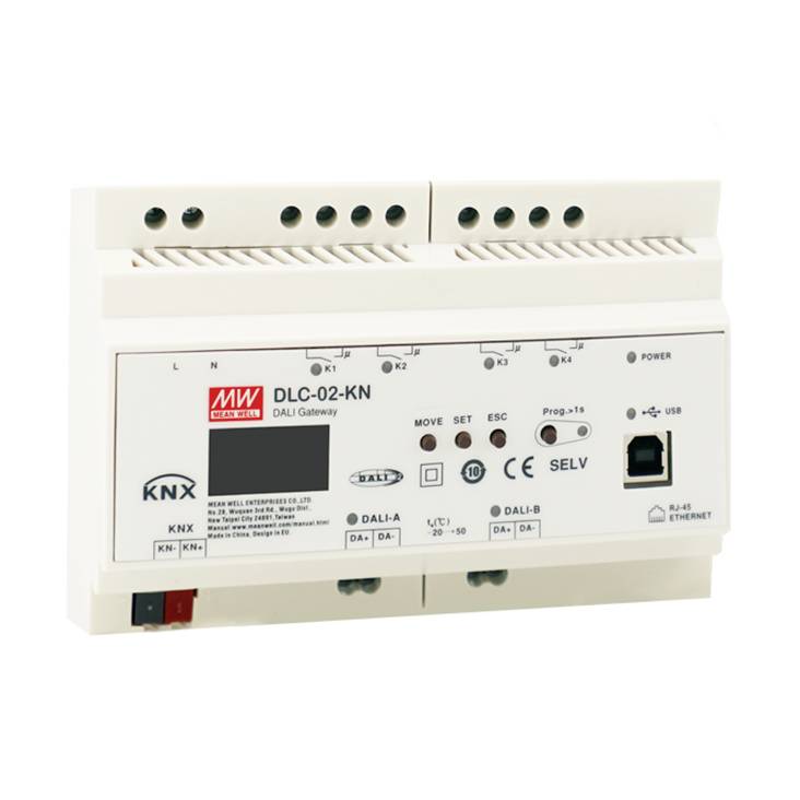 Ein DALI-Gateway von MEAN WELL mit der Bezeichnung DLC-02-KN. Das Gerät ist weiß, hat mehrere Anschlüsse und LED-Anzeigen.