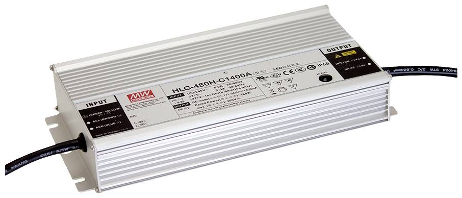 Hochleistungs-LED-Treiber mit Aluminiumgehäuse, Model 'HLG-480H-C1400A'. Label zeigt technische Spezifikationen und Sicherheitswarnungen.