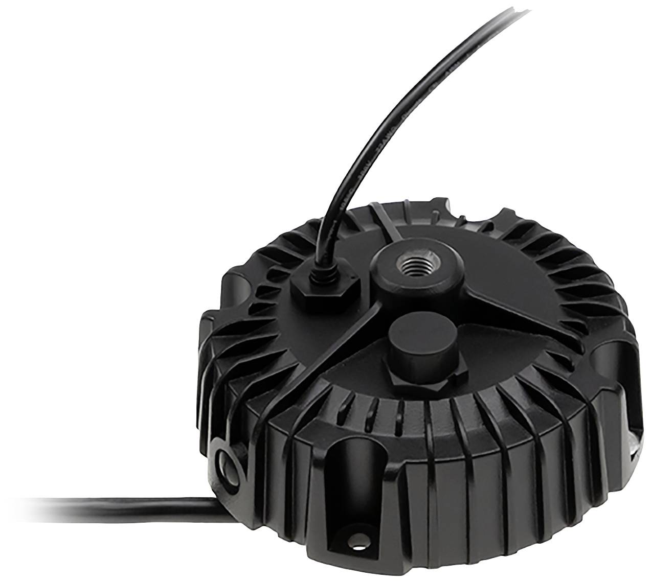 Eine runde, schwarze LED-Treiber-Einheit mit Kühlrippen und zwei Kabelanschlüssen oben. Geeignet für industrielle Beleuchtungssysteme.