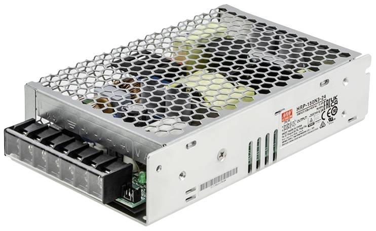 Kompaktes Netzteil mit Metallgehäuse und belüfteter Oberfläche, mehrere elektrische Anschlüsse an der Vorderseite.
