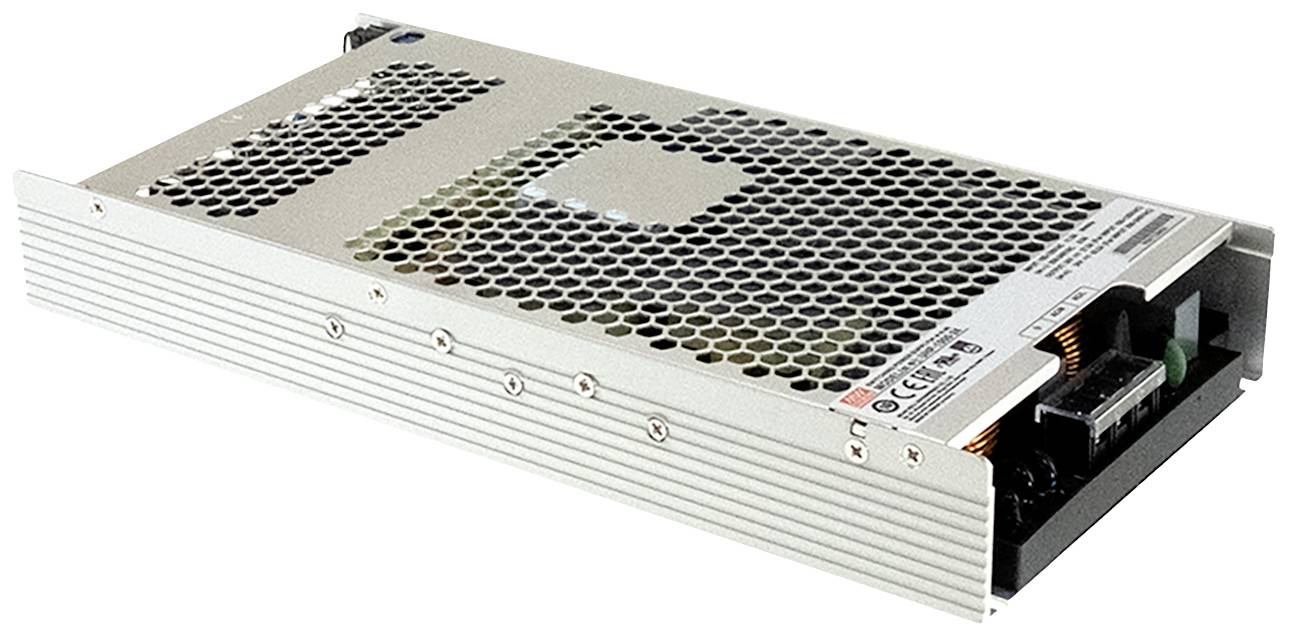 Ein rechteckiges Metallnetzteil mit Lüftungsschlitzen und Anschlüssen an der Seite, verwendet zur Stromversorgung elektronischer Geräte.