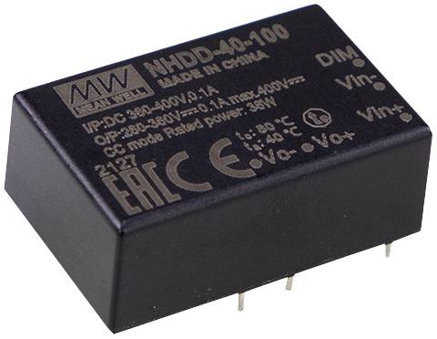 Rechteckiges elektronisches Bauteil mit der Aufschrift 'Mean Well NHDD-40-100', Verbindungspins unten, schwarzes Gehäuse.