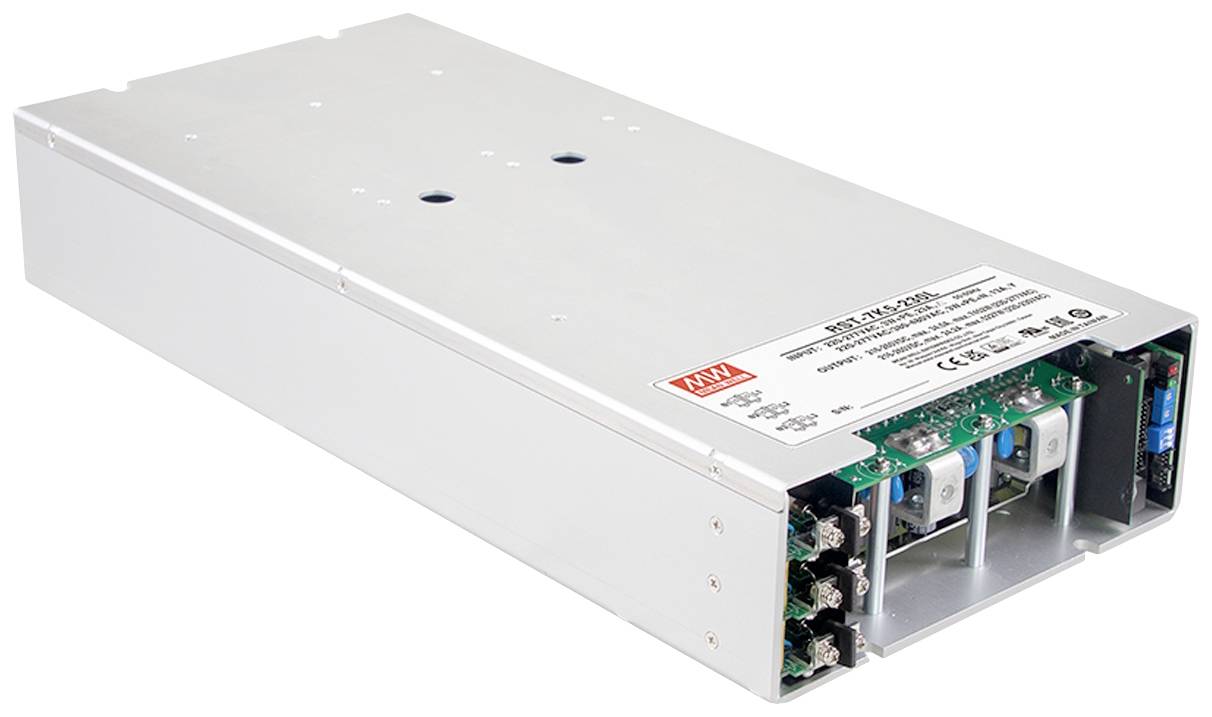 Ein silbernes Netzteil mit mehreren Anschlüssen und elektronischen Komponenten im Inneren. Marke und technische Details auf Etikett.