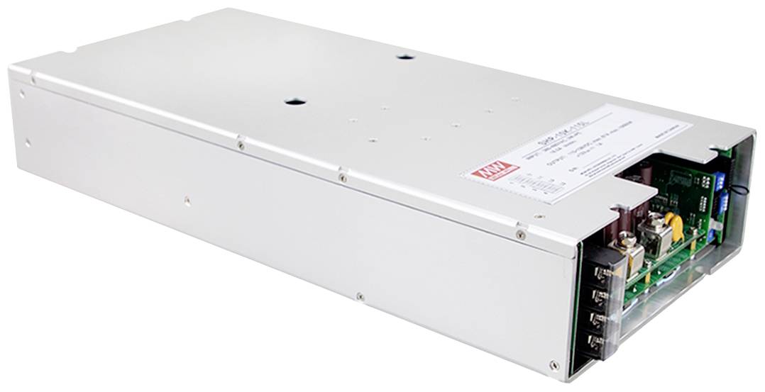 Ein rechteckiges, silbernes Netzteil, teilweise geöffnet, zeigt elektronische Komponenten. Es wird zur Stromversorgung in technischen Geräten verwendet.