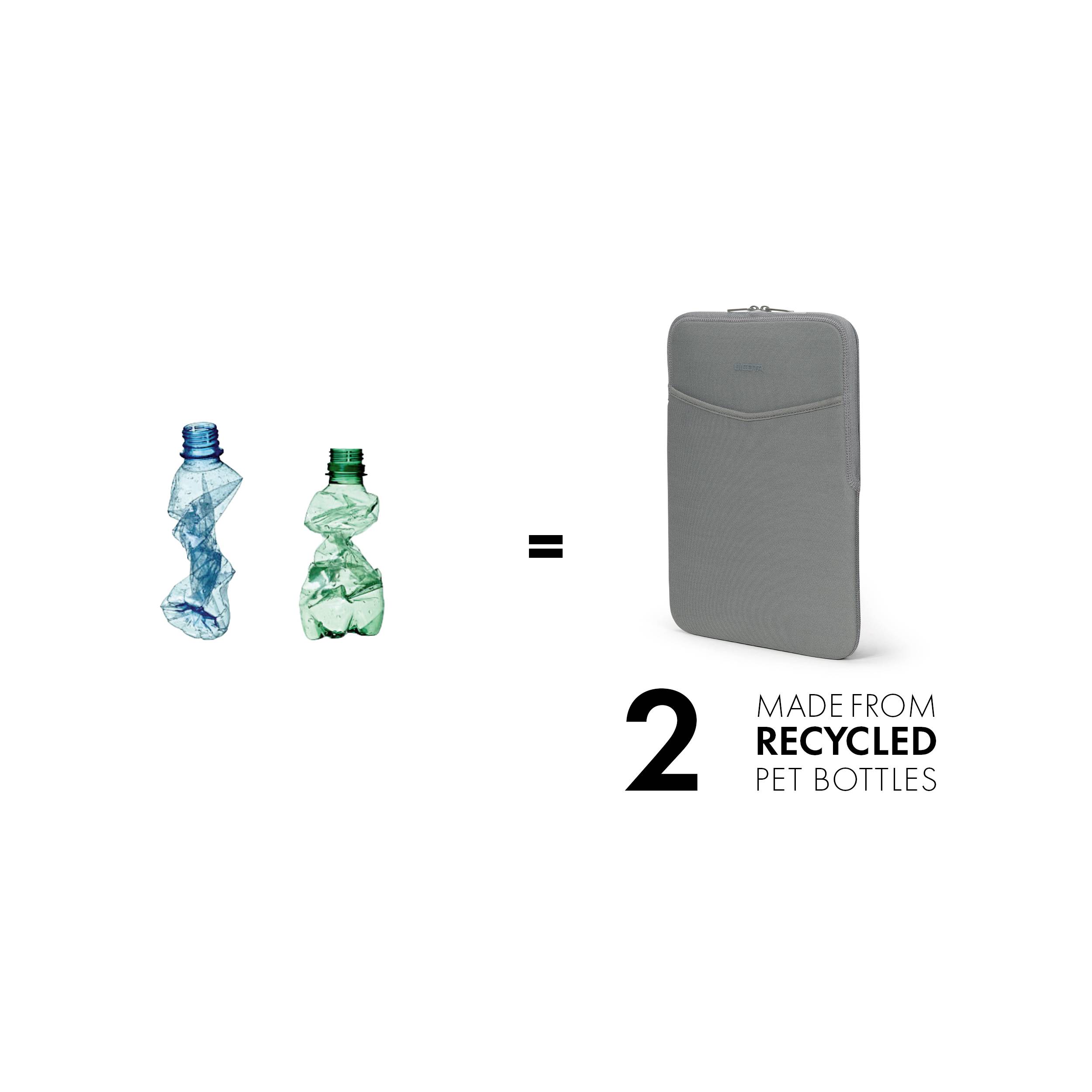 Zwei zerdrückte Plastikflaschen aus PET werden zu einer grauen Laptophülle recycelt.
