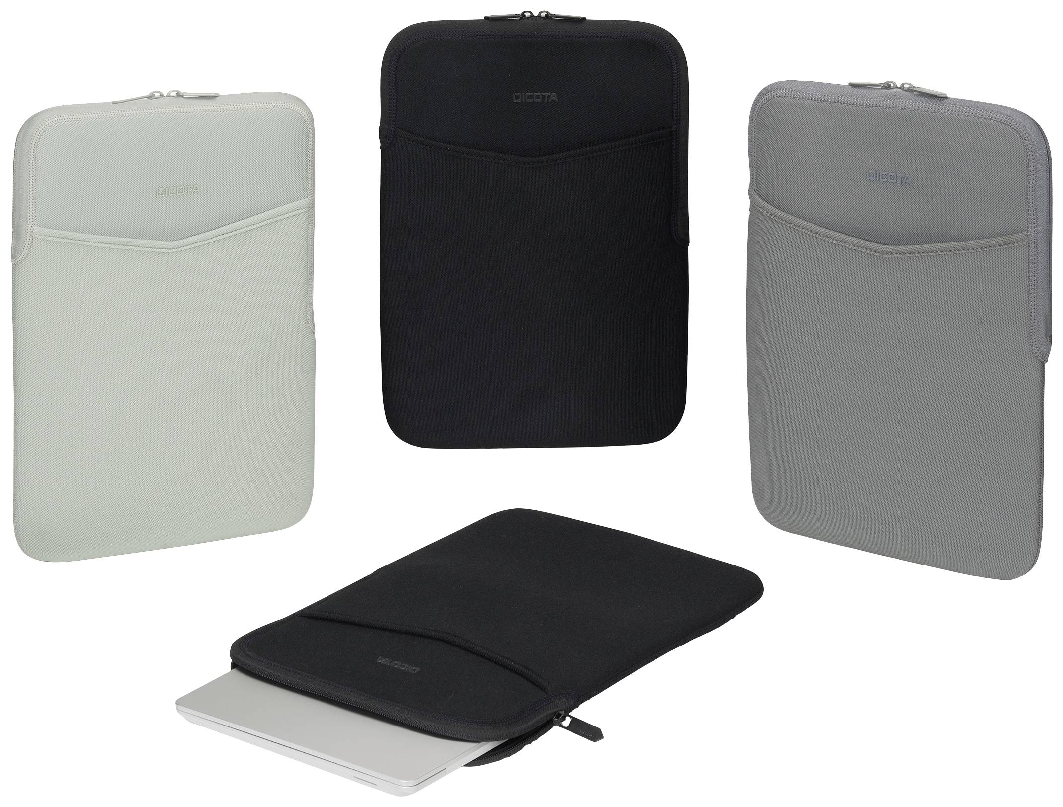 Vier Laptop-Taschen in verschiedenen Farben, jeweils mit Reißverschluss und schlichtem Design. Eine Tasche zeigt einen Laptop teilweise offen.