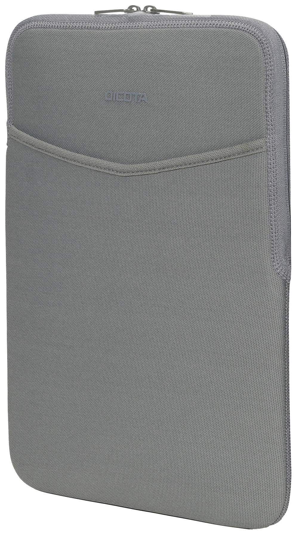 Graue Laptophülle mit Reißverschluss und Vordertasche. Geeignet für den Schutz von tragbaren Geräten bei Transport und Lagerung.