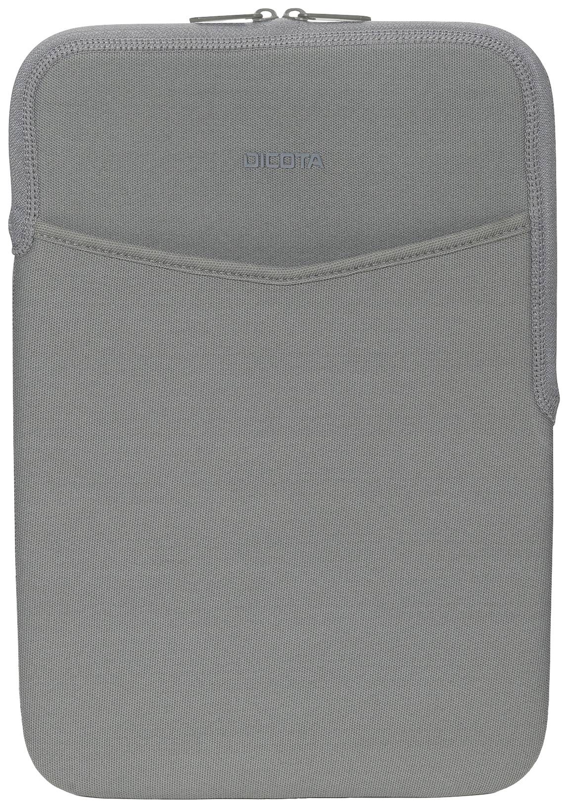 Graue Laptoptasche aus Stoff mit Reißverschluss oben und geprägtem 'DICOTA'-Logo, schlichtes Design, für Schutz und Transport.