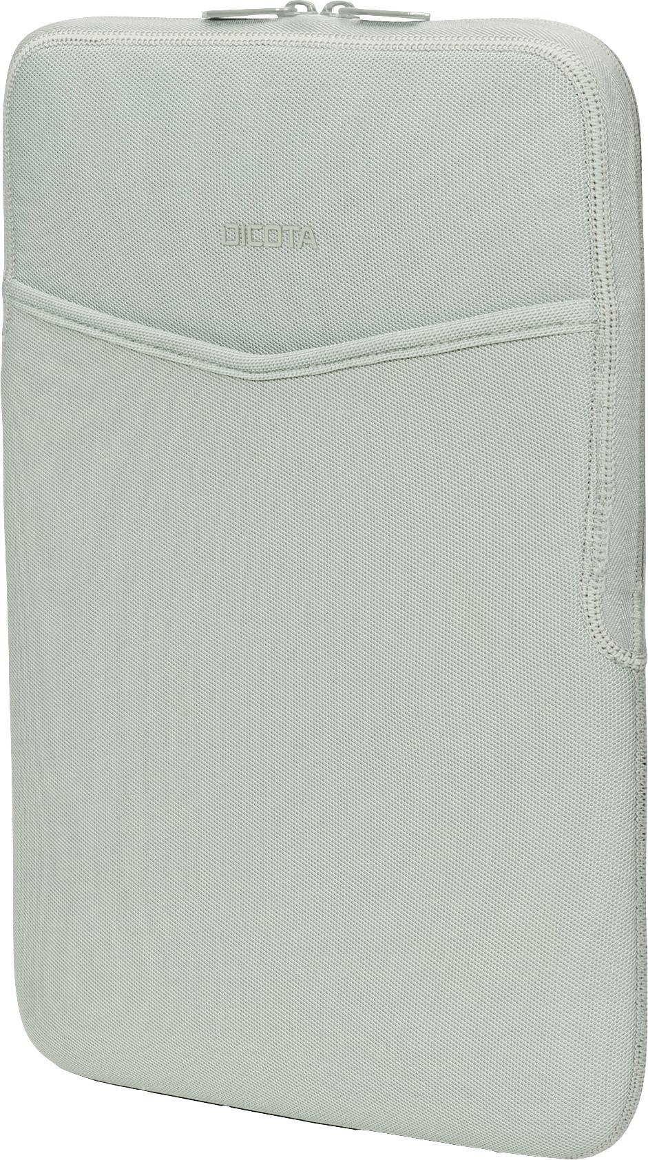 Schlichte, hellgraue Laptop-Tasche mit Reißverschluss und zusätzlicher Fronttasche für Zubehör. Dünnes, gepolstertes Design.