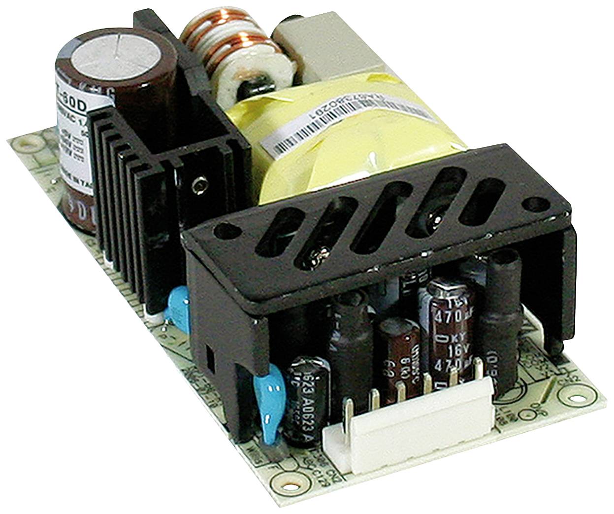 Elektronisches Bauteil auf einer Leiterplatte mit Kondensatoren, Spulen und einem Kühlkörper. Verwendung in Stromversorgungseinheiten.