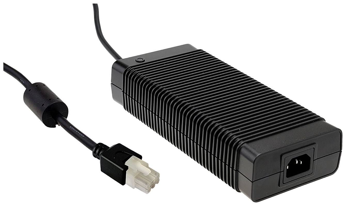 Ein schwarzes Netzteil mit geripptem Gehäuse und einem Kabel mit einem dreipoligen Stecker. Geeignet für den Einsatz in elektronischen Geräten.