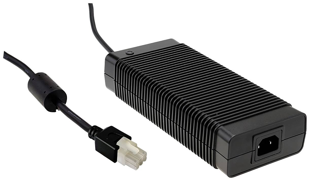 Ein schwarzes Netzteil mit geripptem Gehäuse und einem abgehenden Stromkabel mit einem speziellen Stecker ist abgebildet.