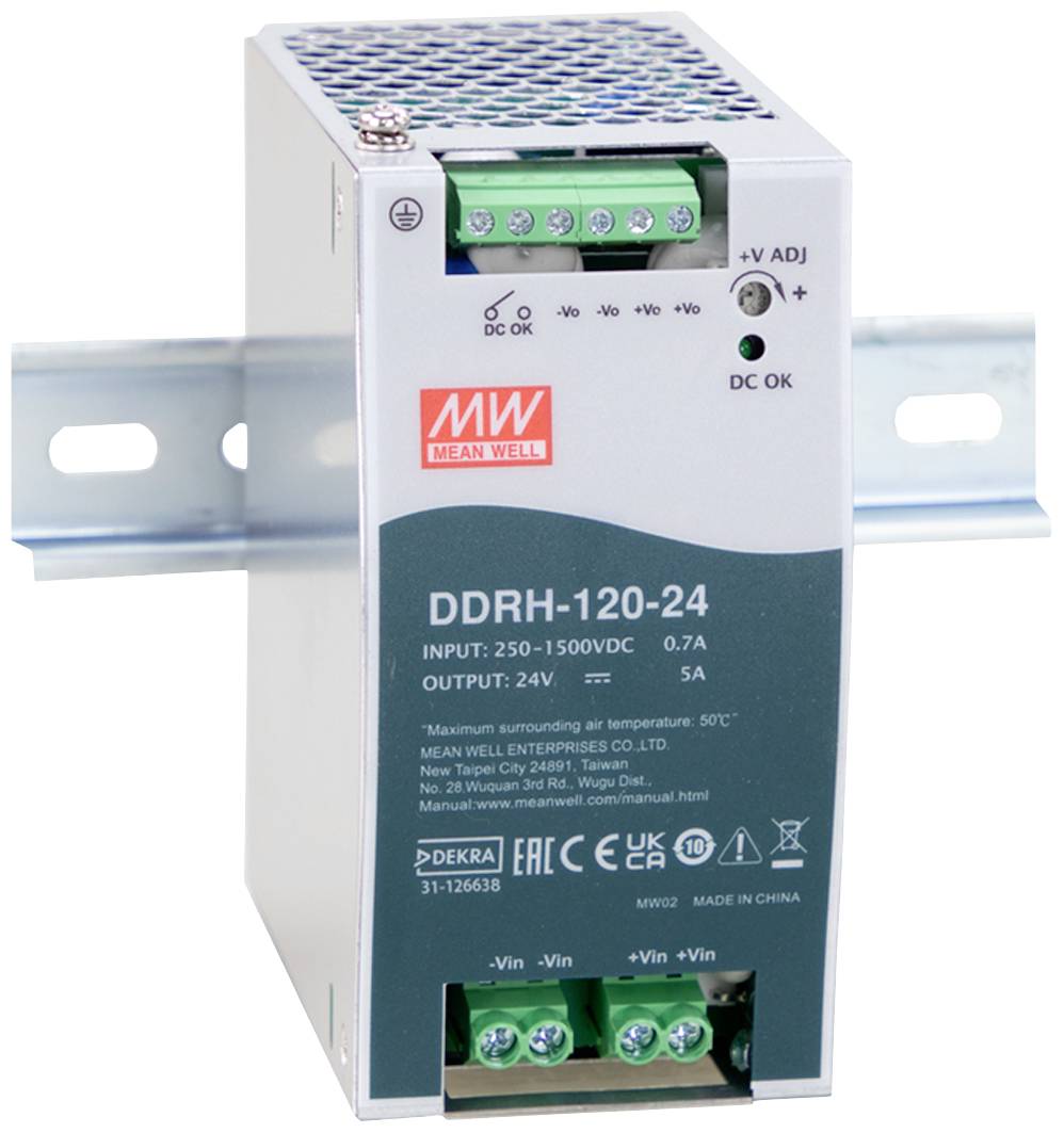 Ein Schaltnetzteil von Mean Well, Modell DDRH-120-24, montiert auf einer Schiene. Es zeigt Eingangs- und Ausgangsspezifikationen.