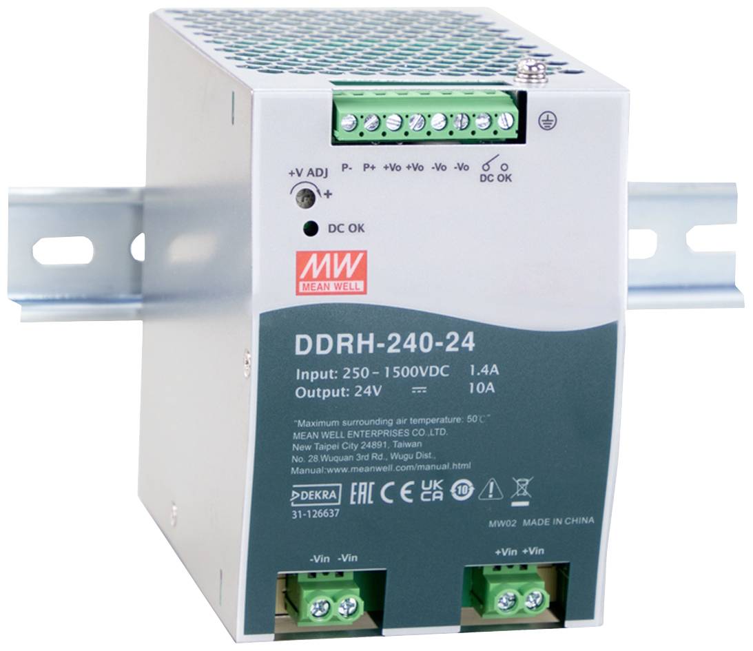 Industrielles Netzteil, Modell DDRH-240-24, montiert auf einer Metallschiene. Eingang: 250-1500VDC, Ausgang: 24V, 10A.