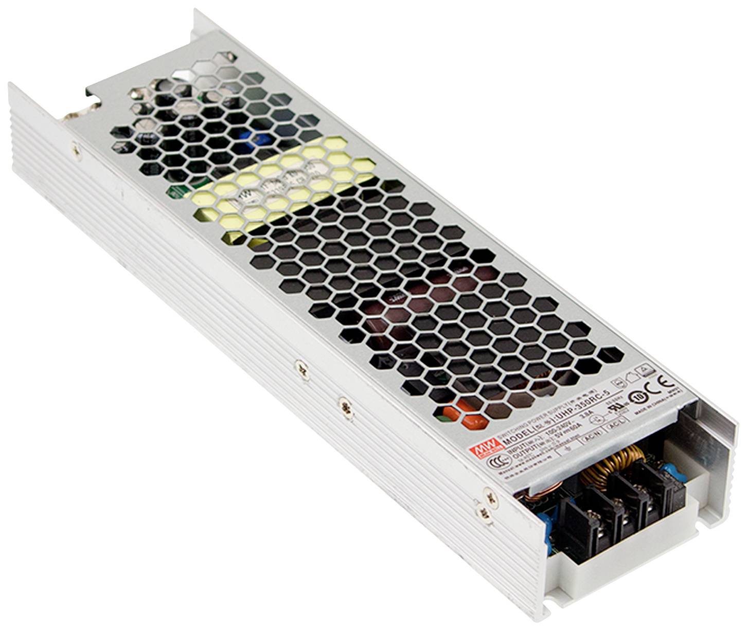 Eine silberne elektronische Stromversorgungseinheit mit Wabenbelüftung und sichtbaren Anschlussklemmen.