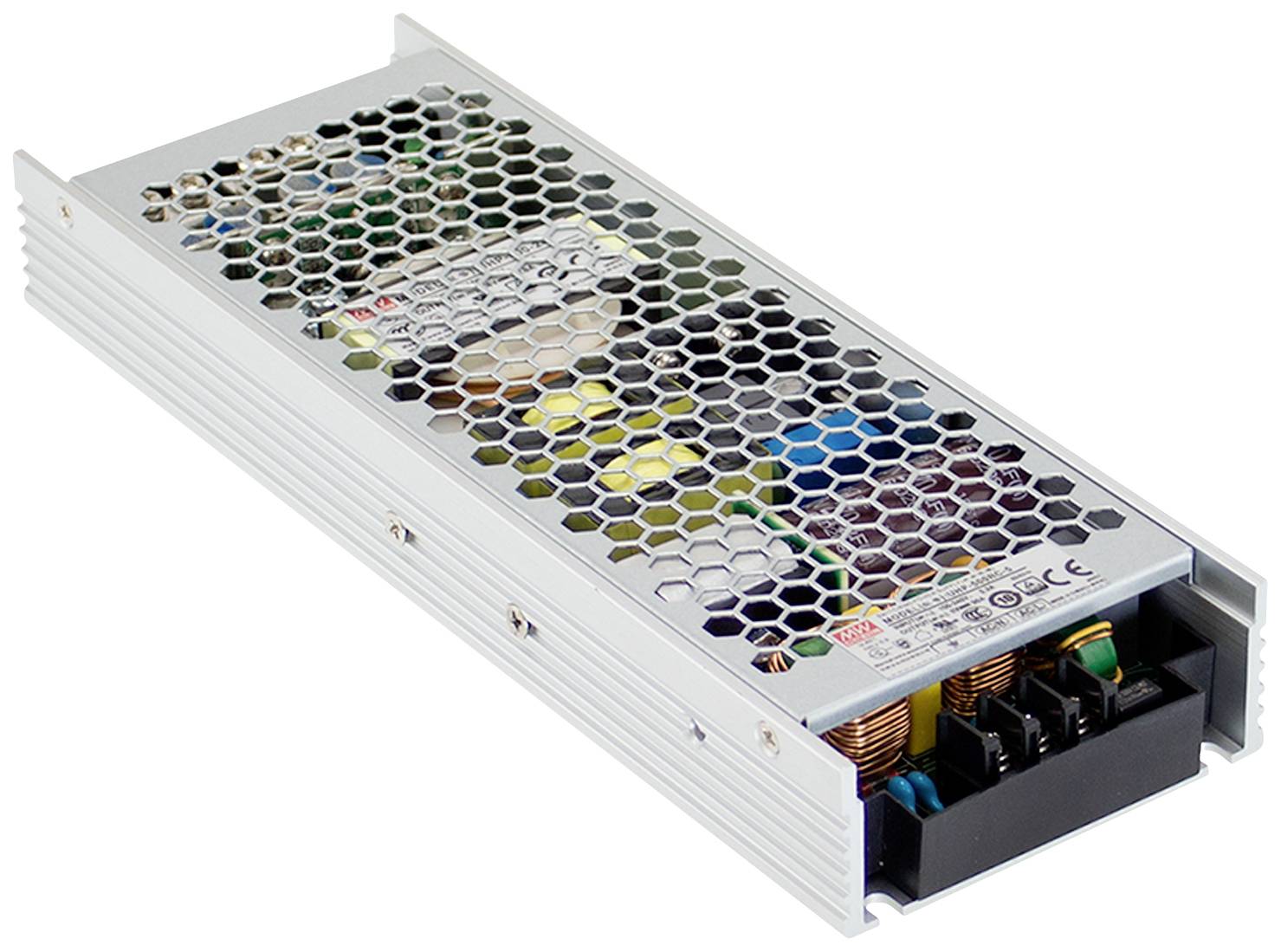 Ein rechteckiges Netzteil mit perforierter Abdeckung, zeigt interne elektronische Komponenten.