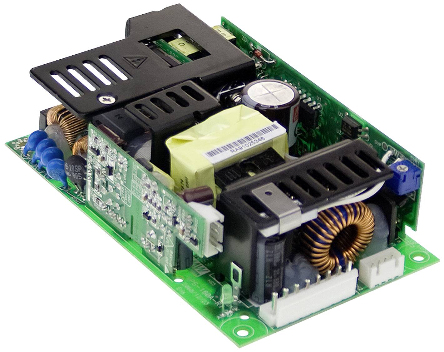 Elektronische Leiterplatte mit verschiedenen Bauteilen wie Spulen, Kondensatoren und Kühlkörpern zur Stromversorgung oder Signalverarbeitung.