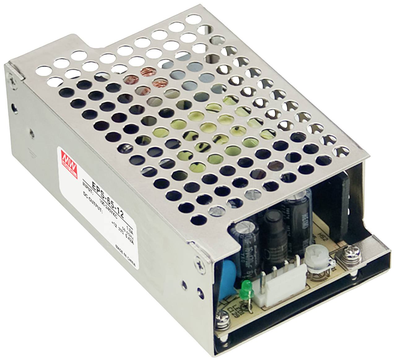 Metall-Netzteil mit Lüftungslöchern, zeigt interne elektronische Bauteile. Eignet sich für industrielle Anwendungen.