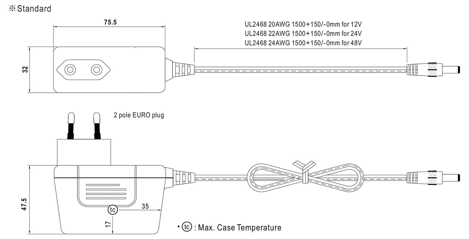 Technical drawing of a power adapter featuring dimensions and specifications for various voltages: 12V, 24V, and 48V with a 2-pole Euro plug.