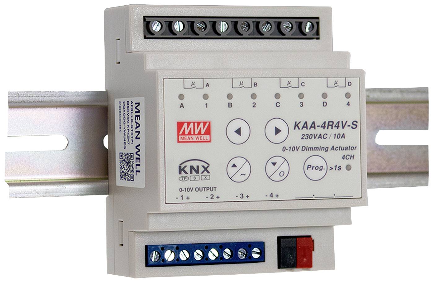 Ein 4-Kanal-Dimmaktor für 230V AC/10A auf einer DIN-Schiene montiert. Zeigt Anschlüsse und Steuerungstasten auf der Vorderseite.