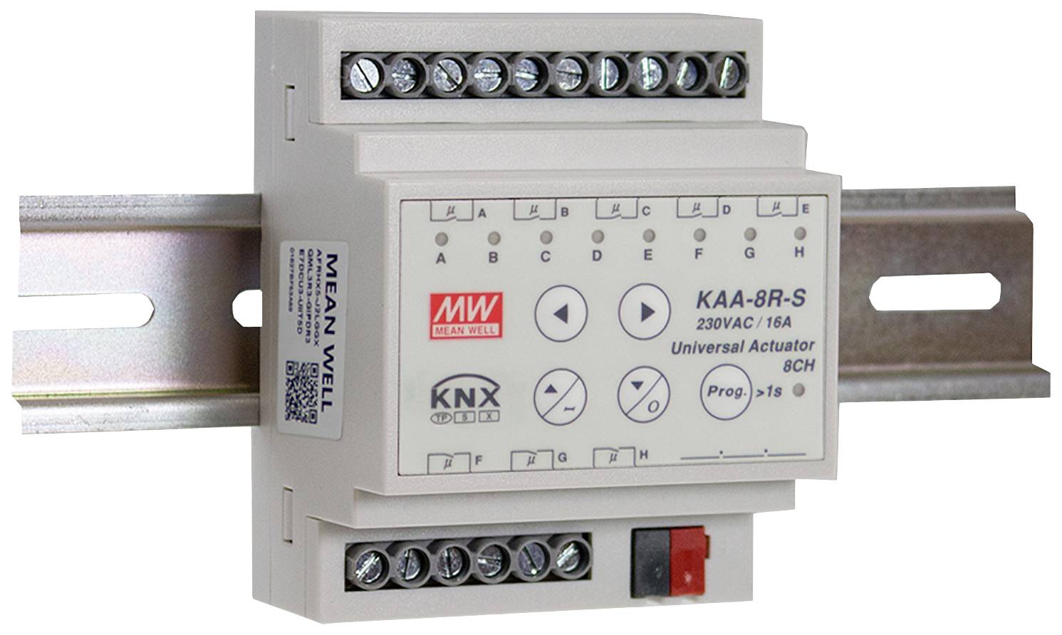'Universalaktor KAA-8R-S' von MEAN WELL für 230VAC/16A, auf Hutschiene montiert, zeigt Bedienungselemente und Anschlüsse.