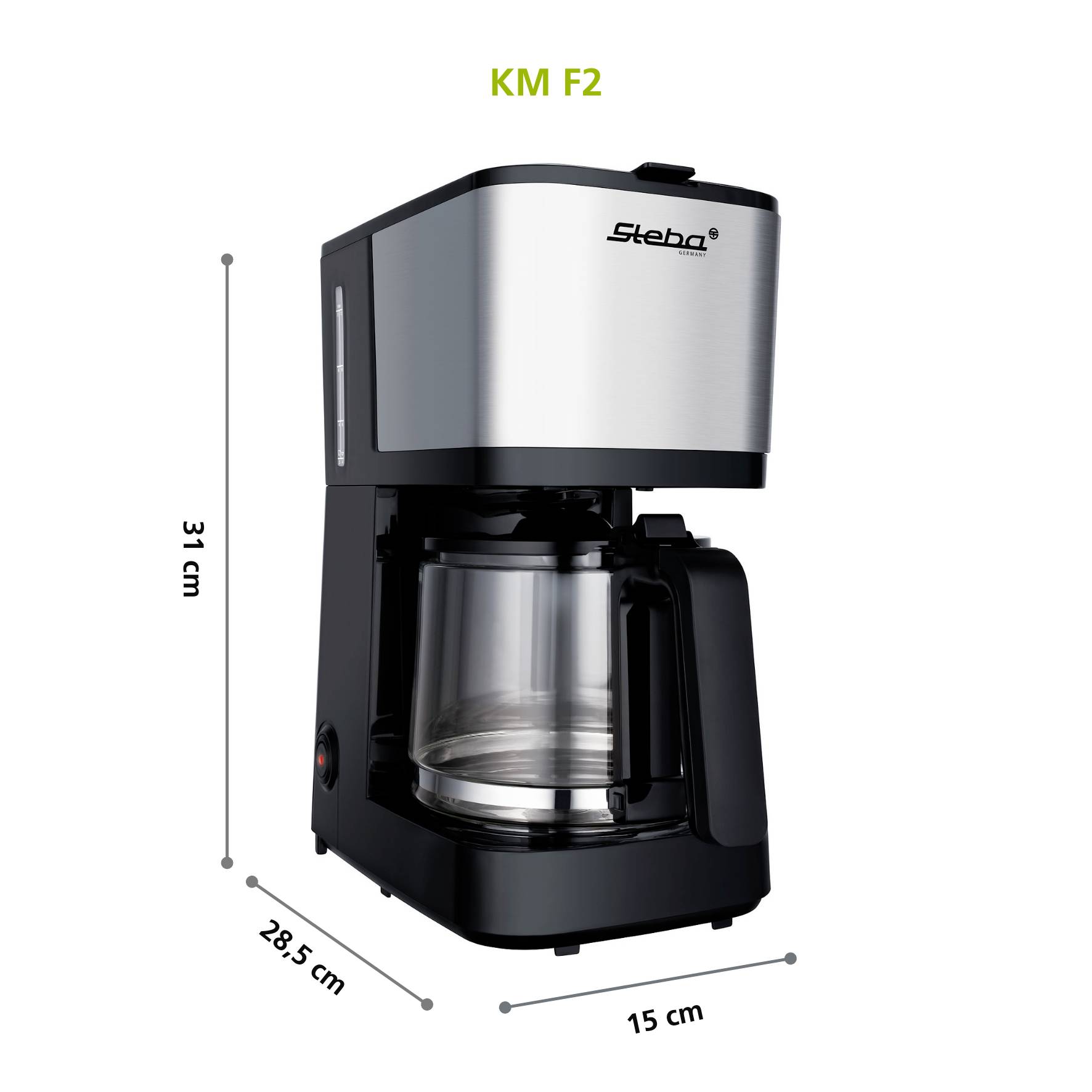 Kaffeemaschine mit Glaskanne, silber-schwarz, misst 31 cm hoch, 28,5 cm tief und 15 cm breit. Modell: KM F2 von Steba.
