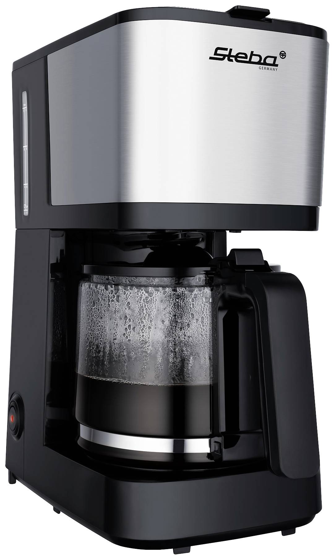 Schwarze Kaffeemaschine mit Glaskanne, gefüllt mit frisch gebrühtem Kaffee. Edelstahloberfläche. Marke 'Steba' sichtbar oben rechts.