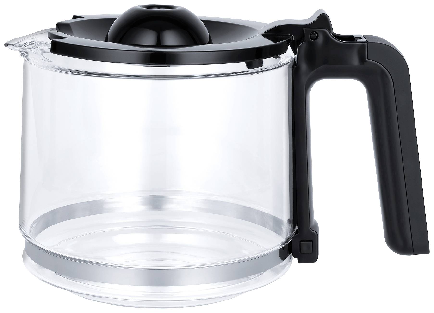 Eine leere, transparente Glaskanne mit einem schwarzen Griff und Deckel, ähnlich einer Kaffeekanne.