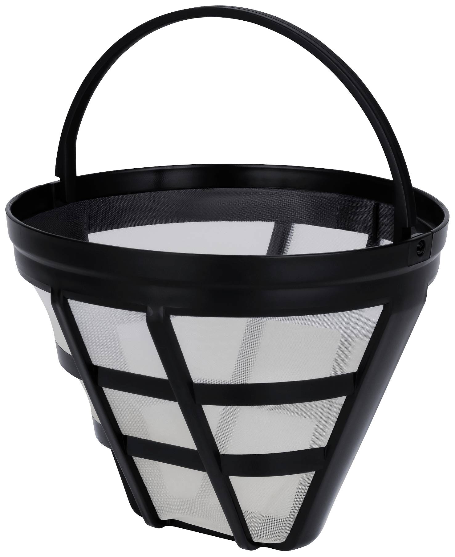 Ein schwarzer Korbfilter mit runden Griffen und vertikalen Streben, geeignet für Kaffeemaschinen oder Wasserfilter.