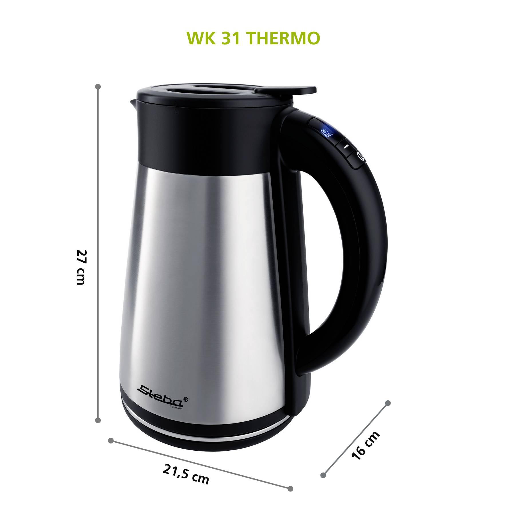 Ein silberner Wasserkocher mit schwarzem Griff und Deckel. Maße: 27 cm hoch, 21,5 cm breit, 16 cm tief. Modell: WK 31 Thermo.