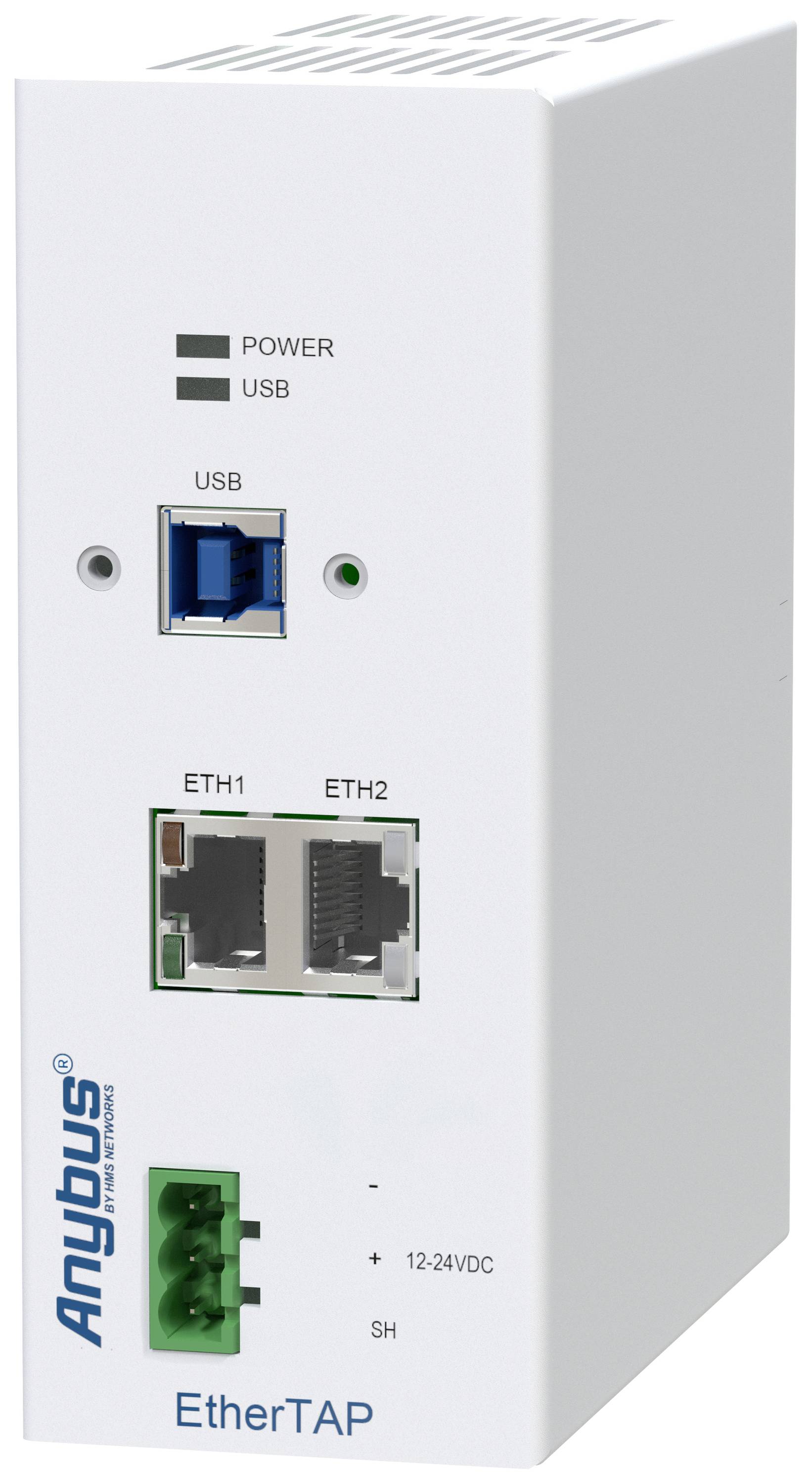 Ein EtherTAP-Gerät mit USB- und Ethernet-Schnittstellen. Es verfügt über zwei Ethernet-Ports ETH1 und ETH2 sowie Anschluss für Stromversorgung.
