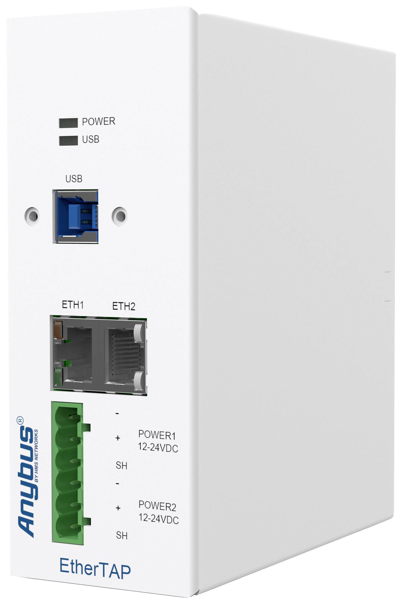 Eine weiße industrielle Netzwerkgerätbox mit der Aufschrift 'Anybus EtherTAP', zwei Ethernet-Ports und einem USB-Anschluss.