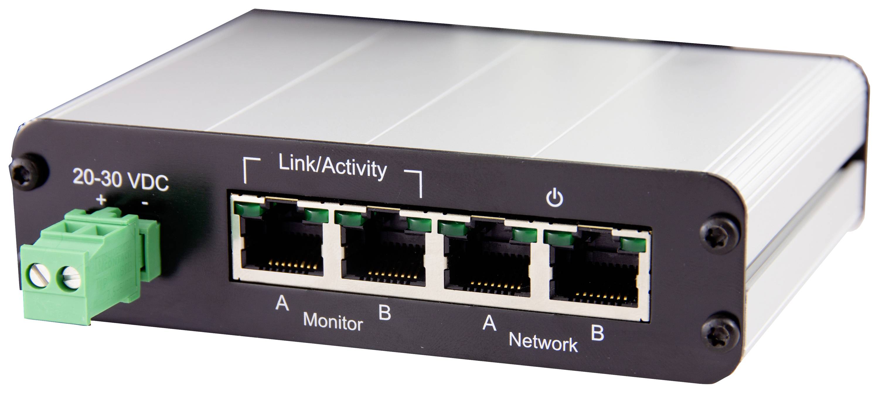 Ein Netzwerkgerät mit vier Ethernet-Ports, einem grünen Stromanschluss und einem LED-Statusbalken zur Anzeige von Verbindungen und Aktivitäten.