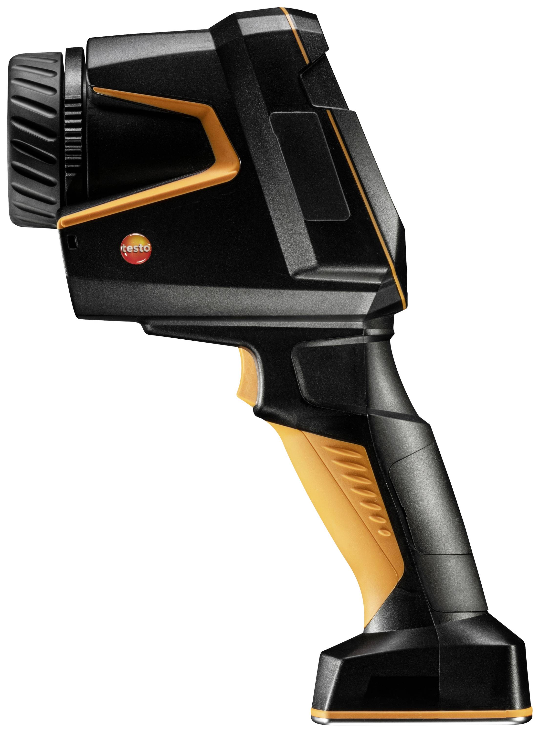 Eine schwarze und orangefarbene Wärmebildkamera mit ergonomischem Griff, seitlich betrachtet.