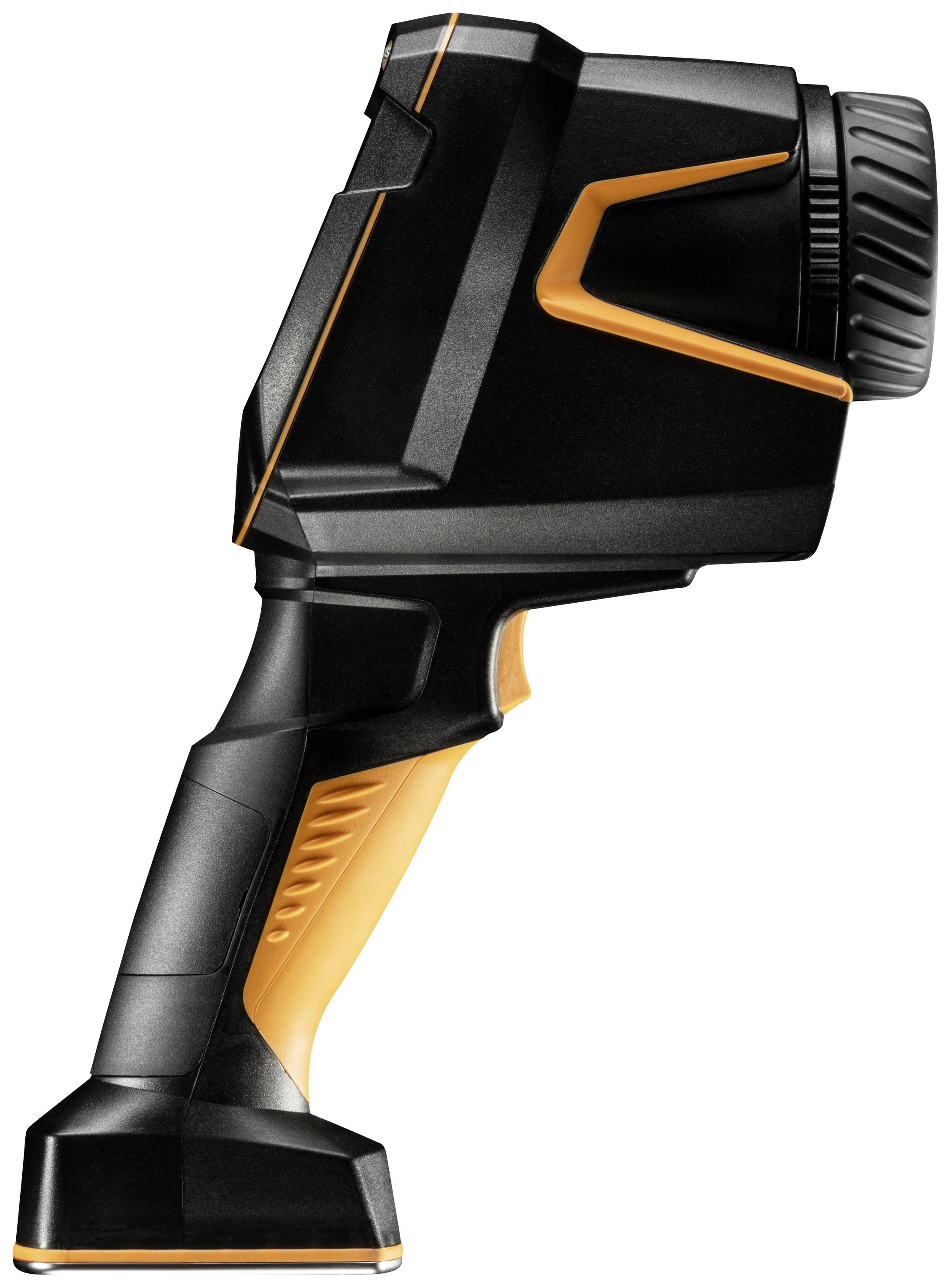 Handlicher, schwarz-oranger Laser-Entfernungsmesser mit Kupplungsrad, steht aufrecht. Modernes Design für präzise Messungen.