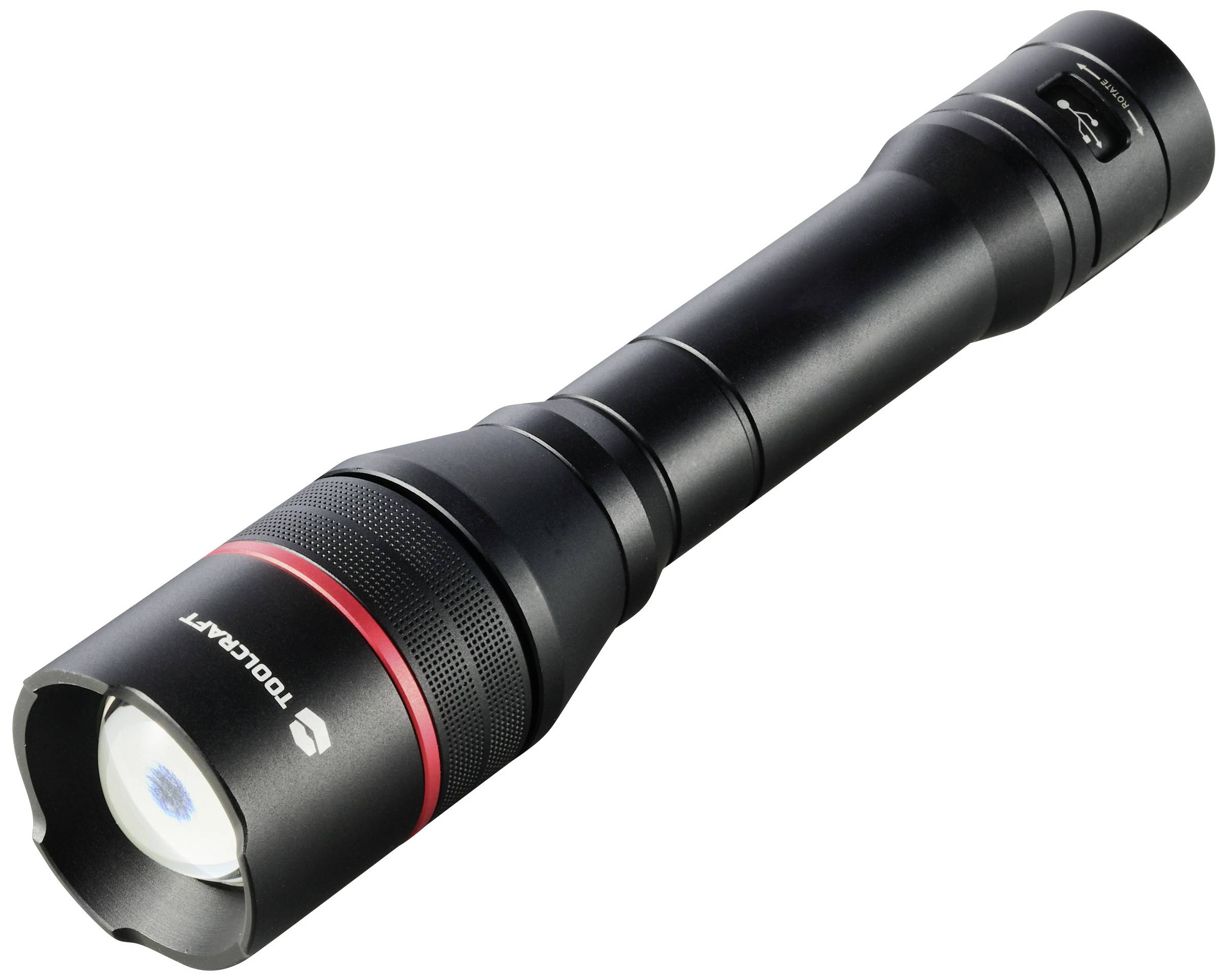 Schwarze Taschenlampe mit rotem Ring um den Kopf, hergestellt von Toolcraft, liegt auf weißem Hintergrund.